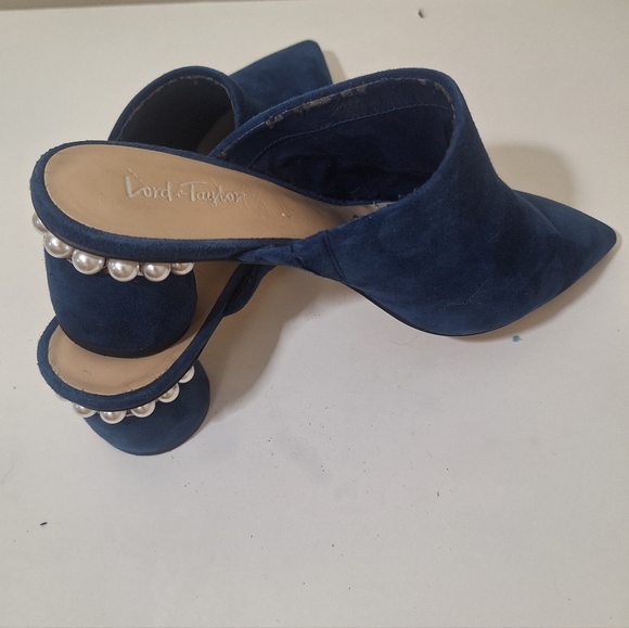 Lord & Taylor Pearl Trim Round Block Heal Nave Blue Suede Mules Size 9 - Picture 7 of 12